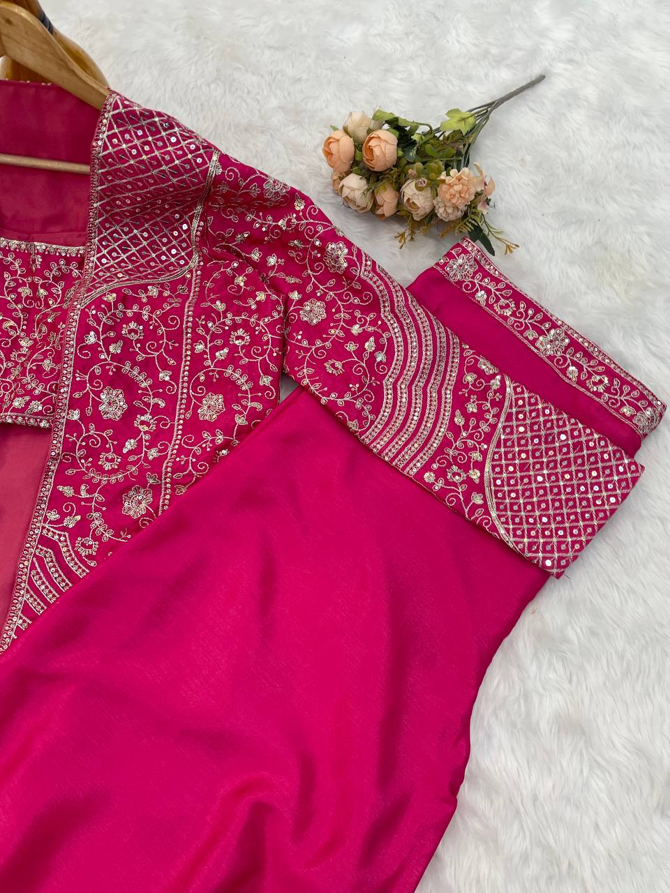 Wedding Wear Pink Color Chinon Silk Embroidery Sequins Thread Work Koti With Palazzo Suit