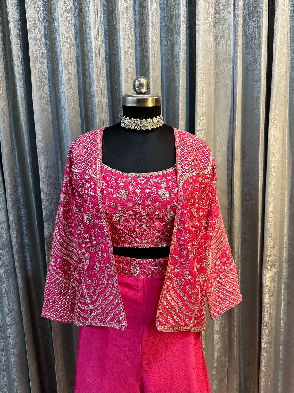 Wedding Wear Pink Color Chinon Silk Embroidery Sequins Thread Work Koti With Palazzo Suit