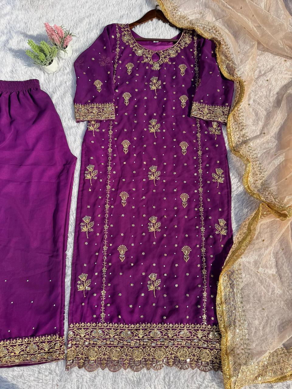 Attractive Purple Color Faux Georgette With Sequence Embroidery Work Salwar Suit