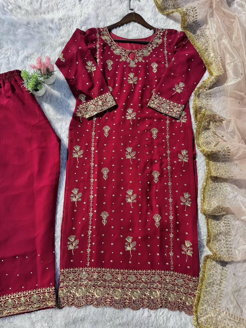 Attractive Maroon Color Faux Georgette With Sequence Embroidery Work Salwar Suit