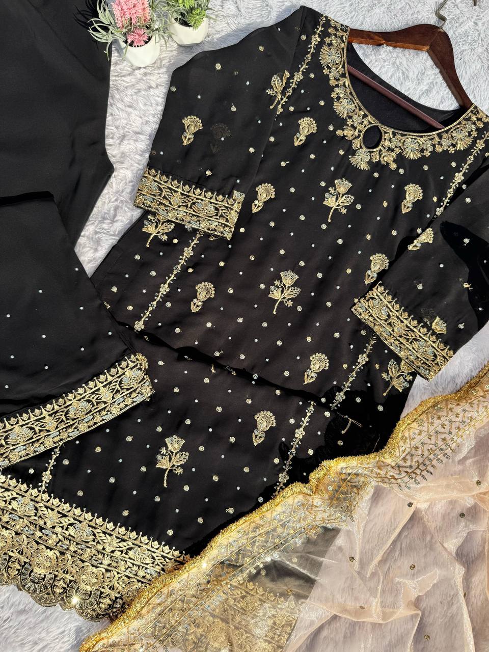 Attractive Black Color Faux Georgette With Sequence Embroidery Work Salwar Suit