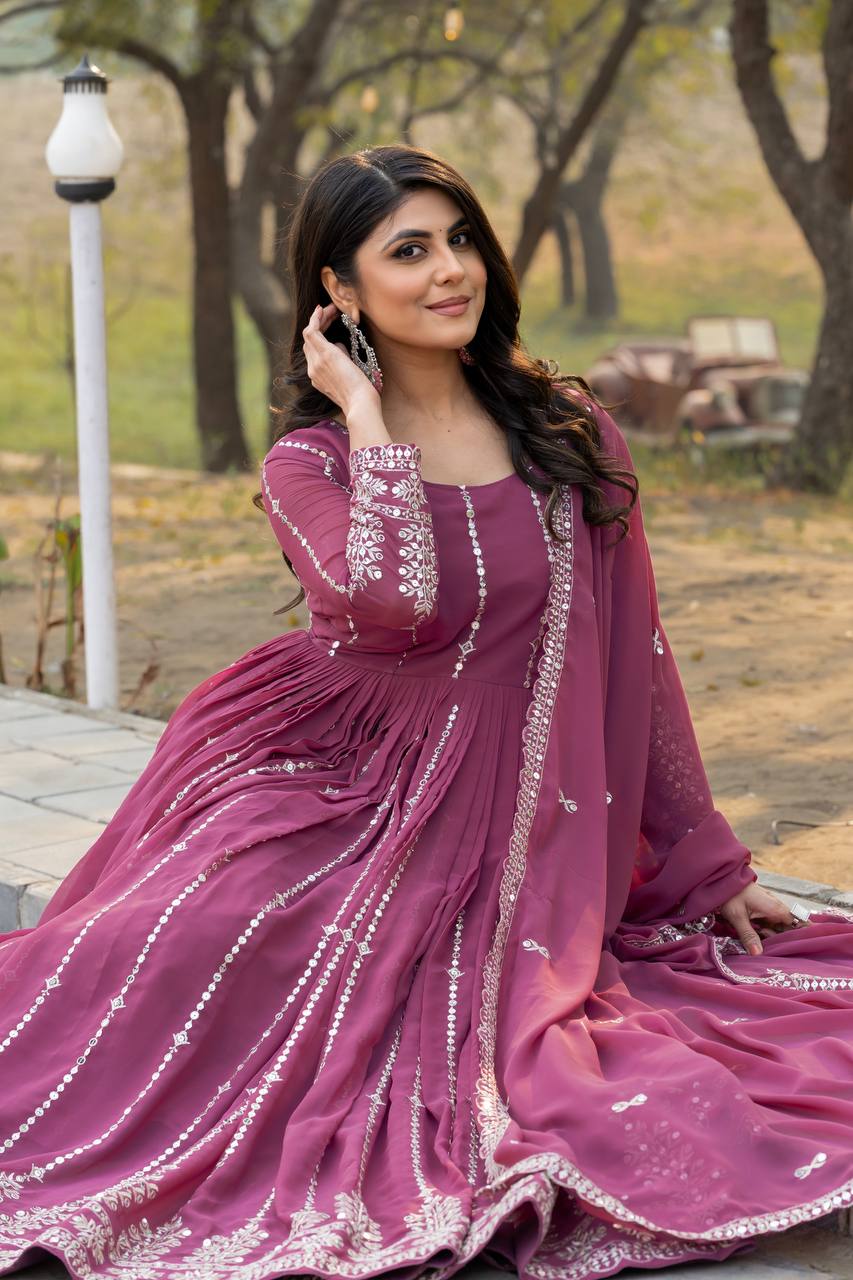 Gorgeous Lavender Color Faux Georgette With Sequence Embroidery Work Beautiful Gown