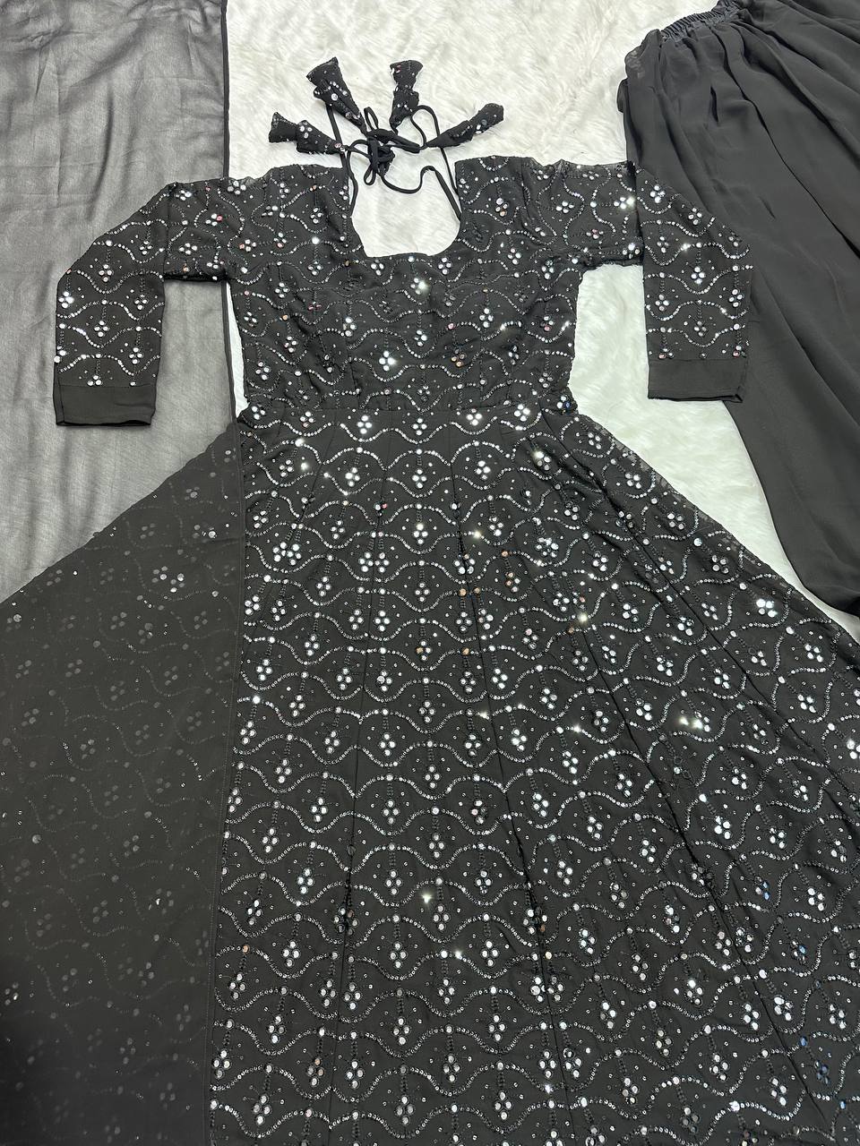 Alluring Black Color Faux Blooming With Heavy Sequins And Thread Embroidered Work Palazzo Suit