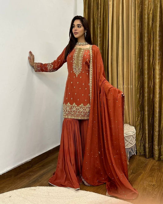 Fantastic Red Color Pure Heavy Simmer Silk With Embroidery Sequence Work Palazzo Suit