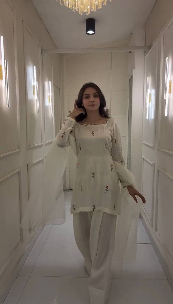 Superhit White Color Chinnon Silk With Embroidery Work Palazzo Suit