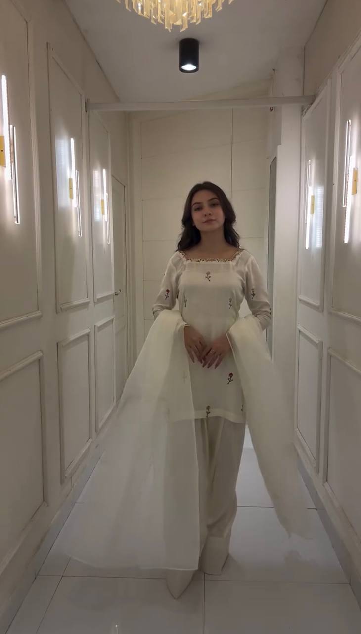 Superhit White Color Chinnon Silk With Embroidery Work Palazzo Suit