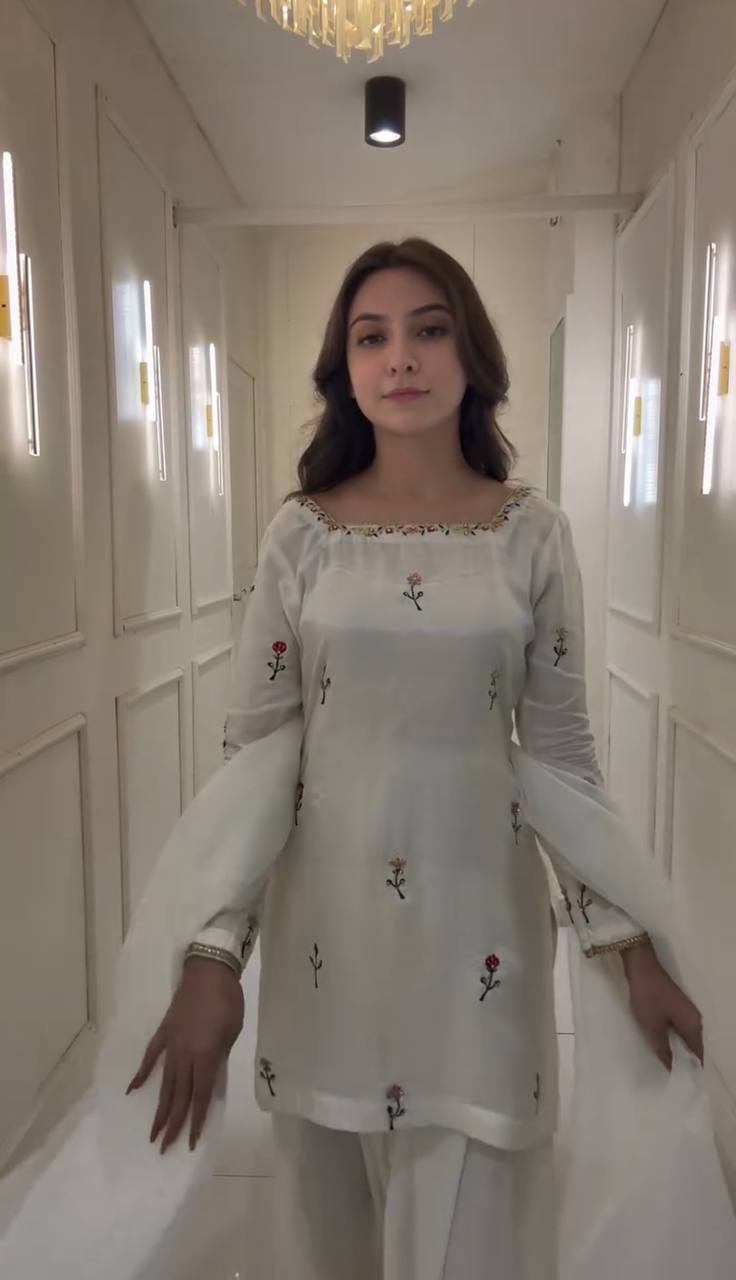 Superhit White Color Chinnon Silk With Embroidery Work Palazzo Suit