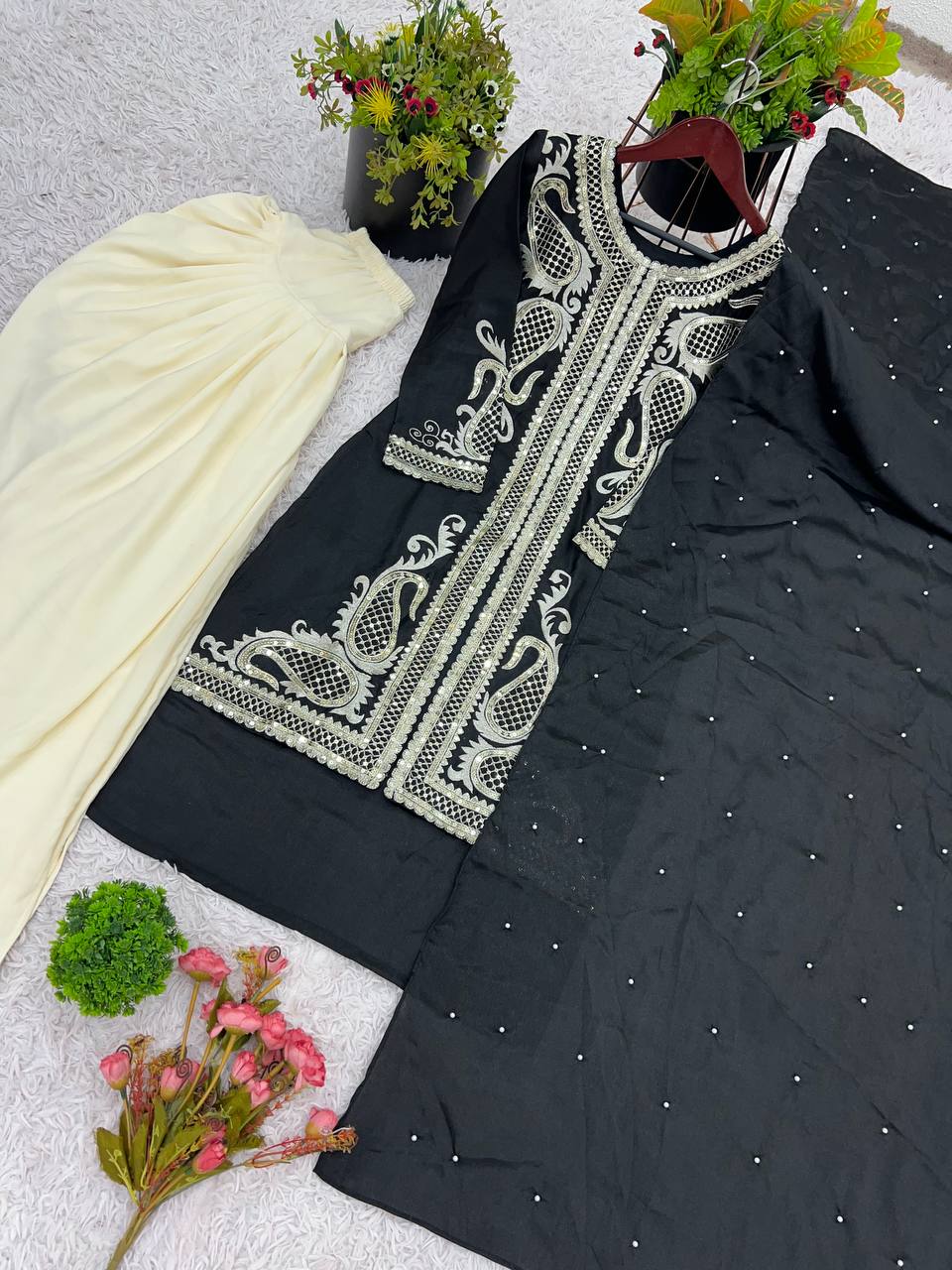 Wedding Wear Black Color Pure Chinon Silk With Embroidery Sequence Work Dhoti Suit