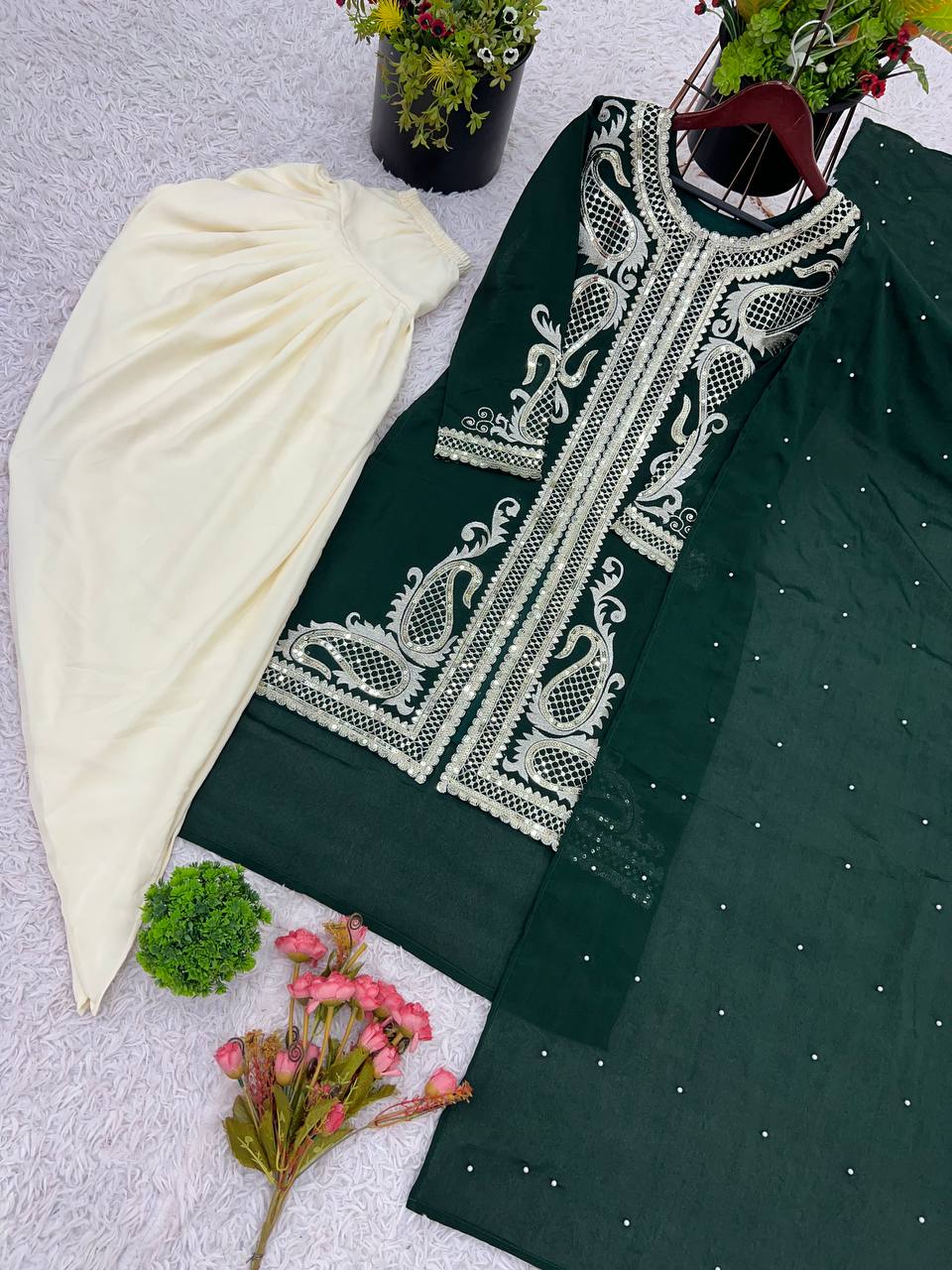 Wedding Wear Green Color Pure Chinon Silk With Embroidery Sequence Work Dhoti Sui
