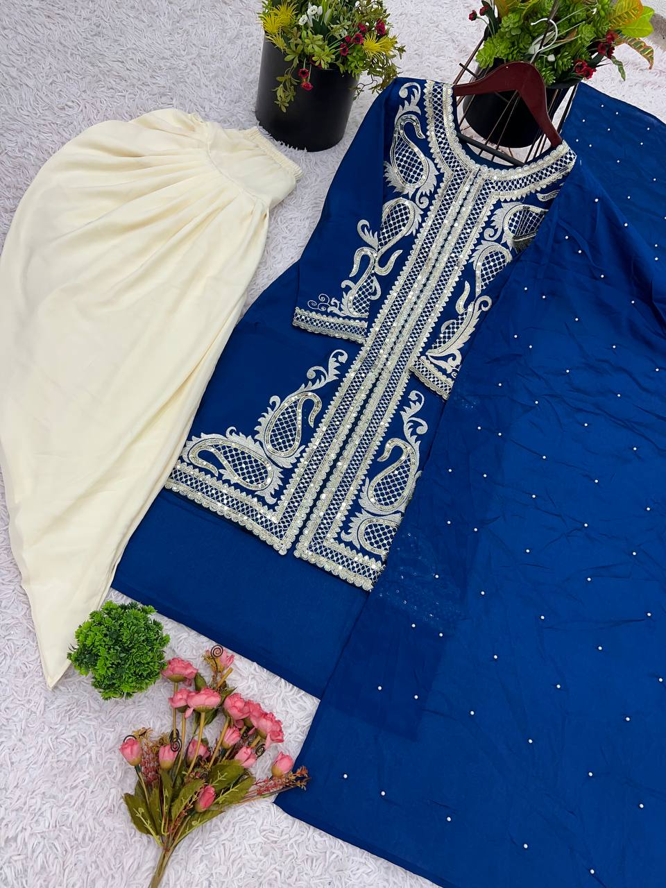 Wedding Wear Blue Color Pure Chinon Silk With Embroidery Sequence Work Dhoti Suit
