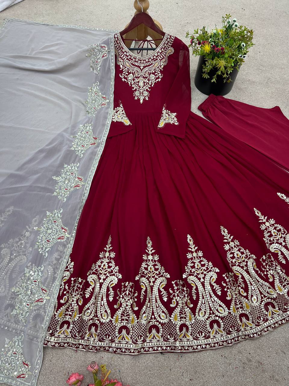 Casual Wear Marron Color Georgette With Multi Thread Embroidery Sequence Work Designer Gown