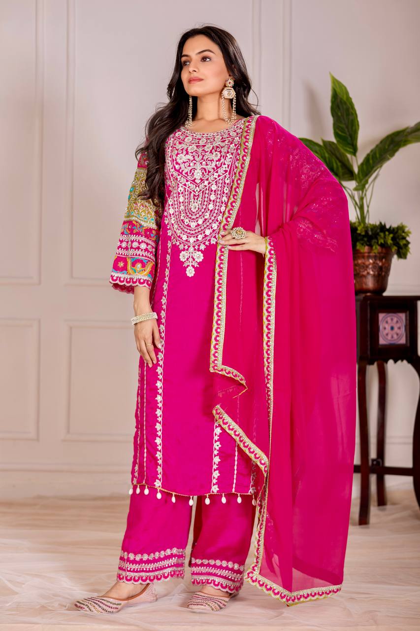 Blissful Pink Color Heavy Vichitra Silk Embroidery Sequences With Real Mirror Work Palazzo Suit