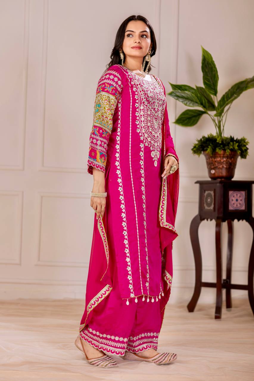 Blissful Pink Color Heavy Vichitra Silk Embroidery Sequences With Real Mirror Work Palazzo Suit