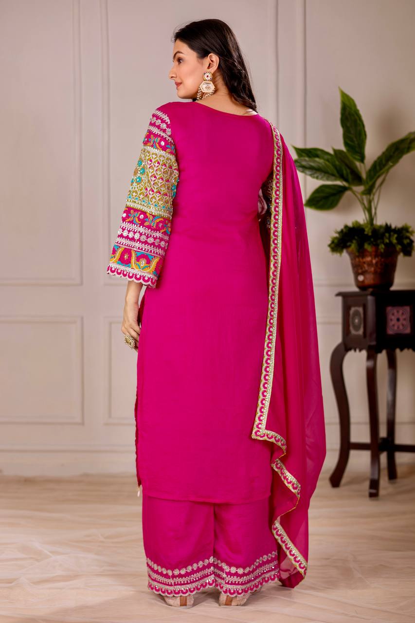 Blissful Pink Color Heavy Vichitra Silk Embroidery Sequences With Real Mirror Work Palazzo Suit