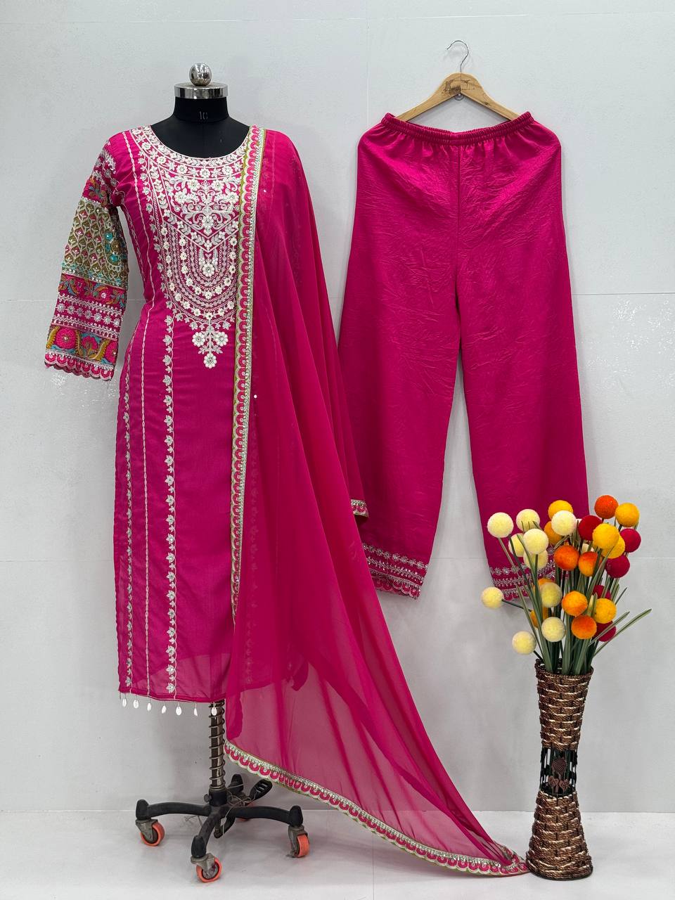 Blissful Pink Color Heavy Vichitra Silk Embroidery Sequences With Real Mirror Work Palazzo Suit