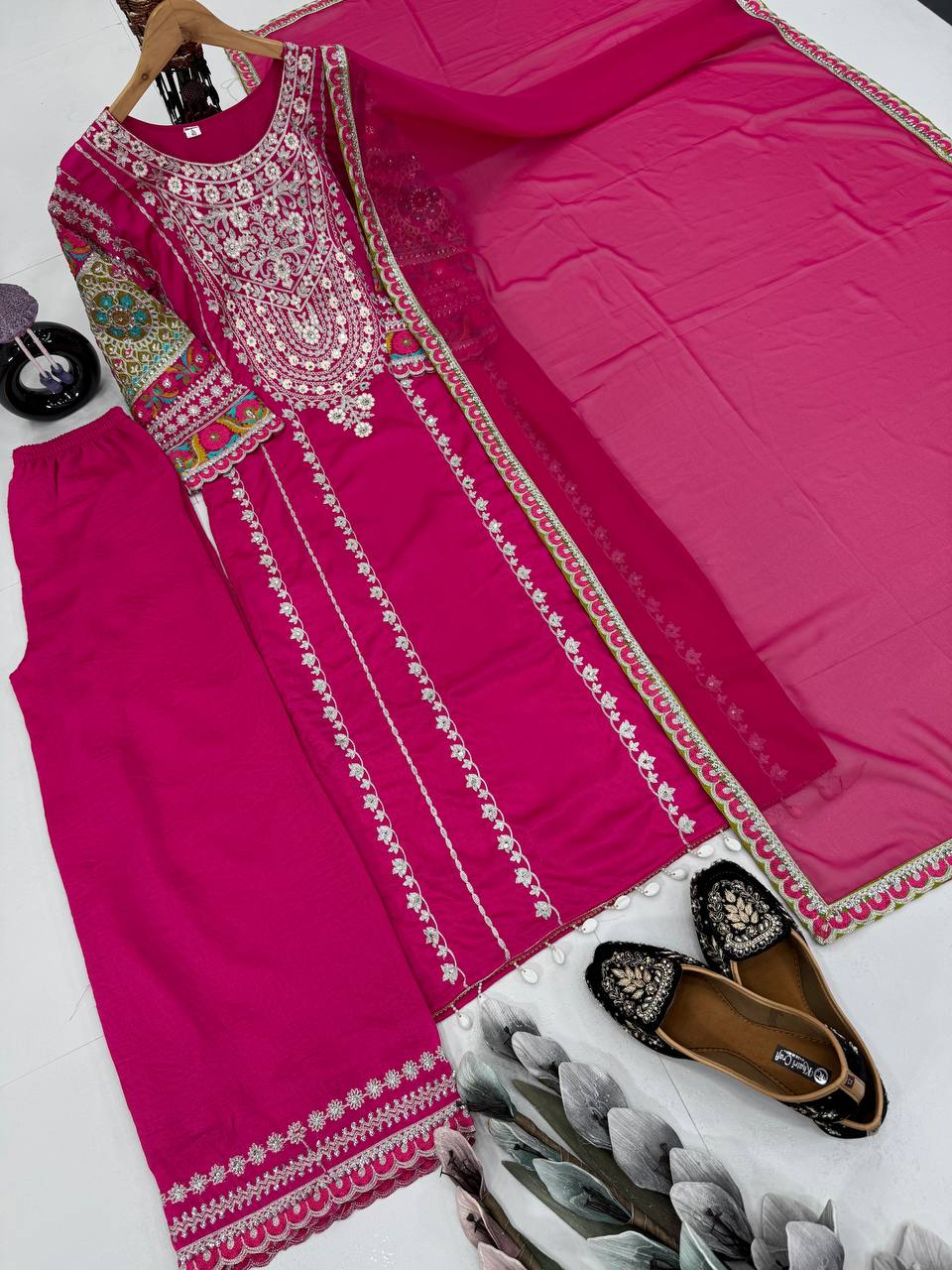 Blissful Pink Color Heavy Vichitra Silk Embroidery Sequences With Real Mirror Work Palazzo Suit