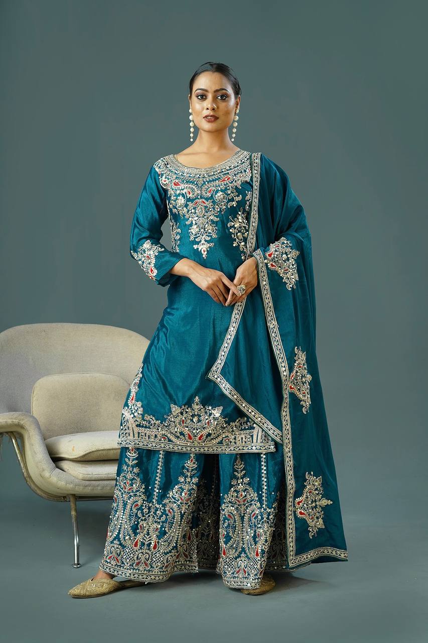 Admiring Teal Green Color Pure Chinon Silk With Heavy Embroidery Coding Dori Sequence Work Palazzo Suit