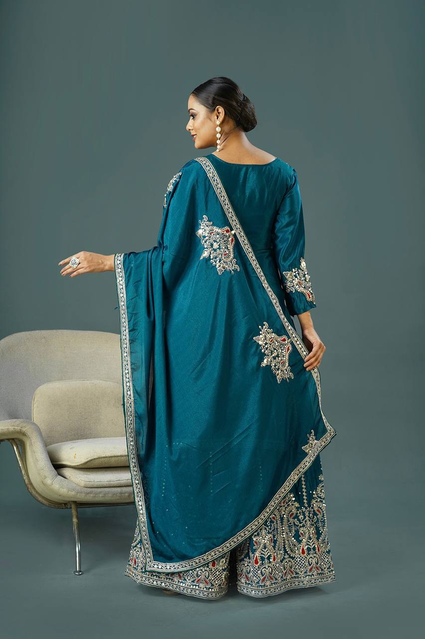 Admiring Teal Green Color Pure Chinon Silk With Heavy Embroidery Coding Dori Sequence Work Palazzo Suit