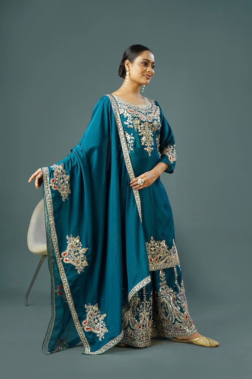 Admiring Teal Green Color Pure Chinon Silk With Heavy Embroidery Coding Dori Sequence Work Palazzo Suit