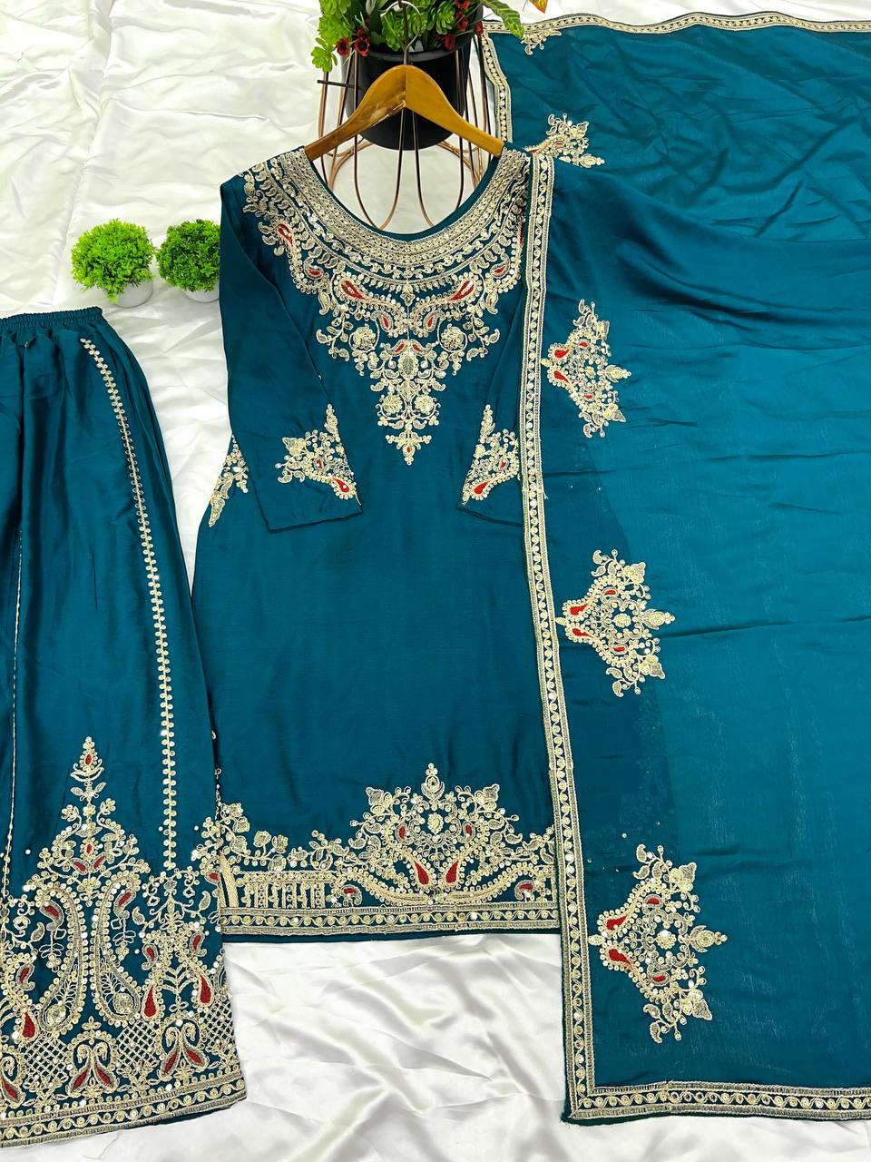 Admiring Teal Green Color Pure Chinon Silk With Heavy Embroidery Coding Dori Sequence Work Palazzo Suit