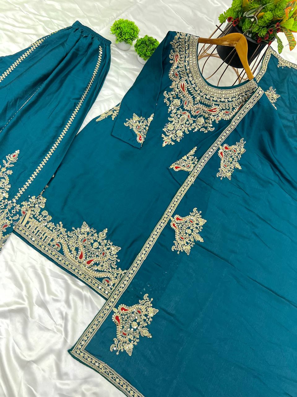 Admiring Teal Green Color Pure Chinon Silk With Heavy Embroidery Coding Dori Sequence Work Palazzo Suit