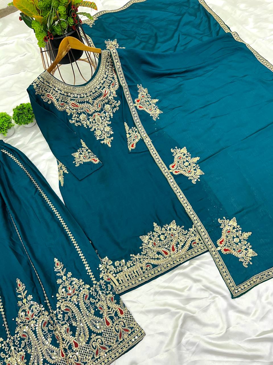 Admiring Teal Green Color Pure Chinon Silk With Heavy Embroidery Coding Dori Sequence Work Palazzo Suit