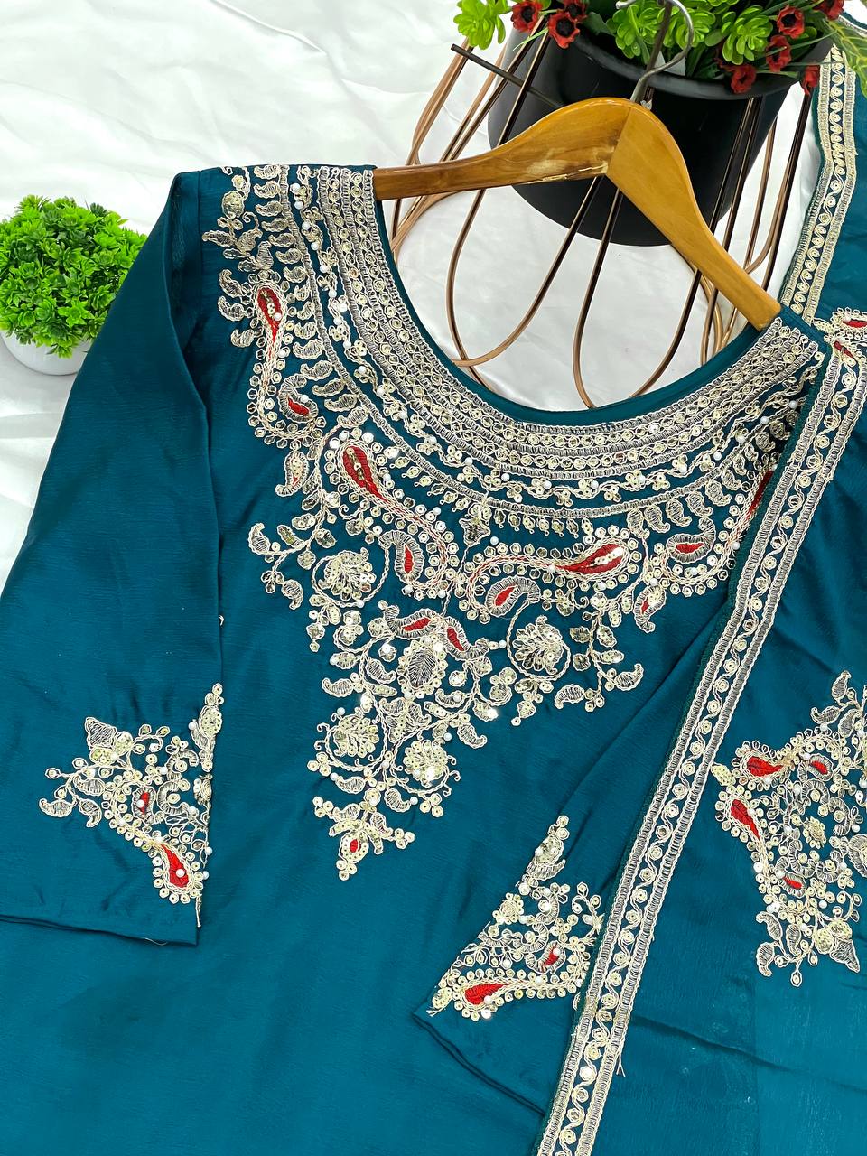 Admiring Teal Green Color Pure Chinon Silk With Heavy Embroidery Coding Dori Sequence Work Palazzo Suit