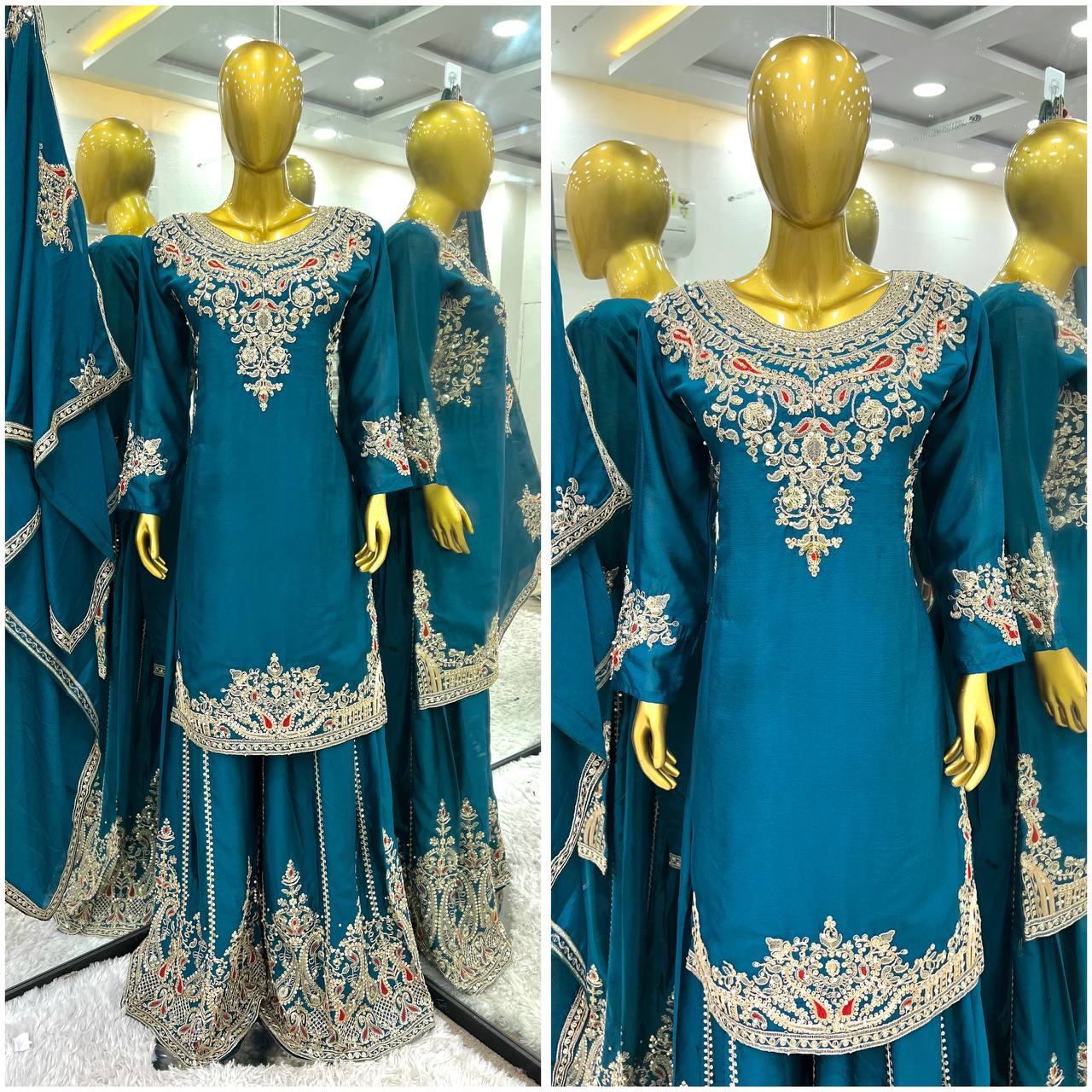 Admiring Teal Green Color Pure Chinon Silk With Heavy Embroidery Coding Dori Sequence Work Palazzo Suit