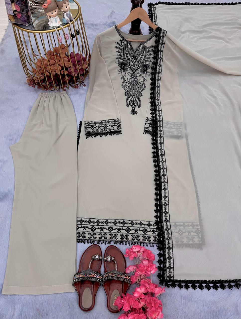 Festive Wear Off White Color Heavy Faux Georgette With Embroidery Work Salwar Suit