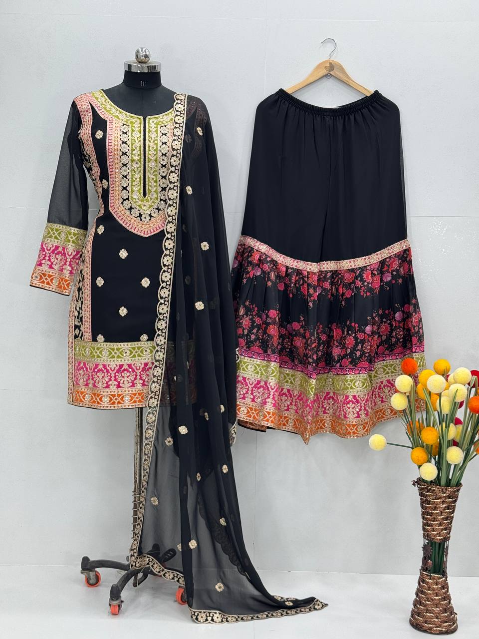 Delightful Black Color Heavy Fuax Georgette Embroidery Sequences Work Palazzo Suit