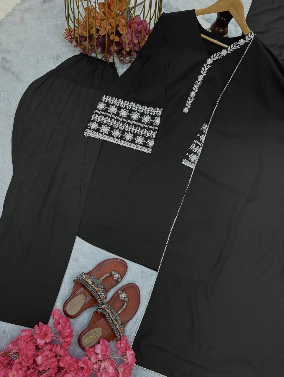 Function Wear Black Color Natural Satin With Embroidery Work Beautiful Palazzo Suit