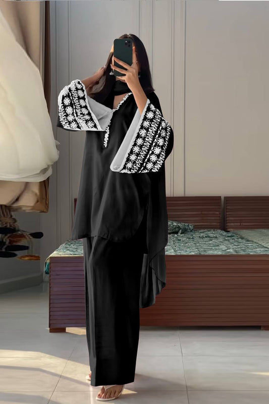 Function Wear Black Color Natural Satin With Embroidery Work Beautiful Palazzo Suit