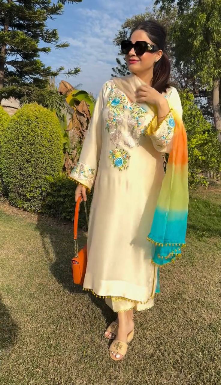 Preferable White Color Moss Satin With Heavy Embroidery Sequence Work Palazzo Suit