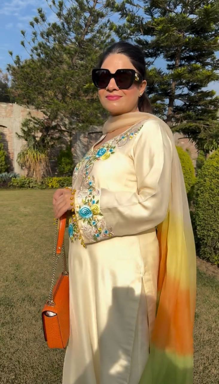 Preferable White Color Moss Satin With Heavy Embroidery Sequence Work Palazzo Suit