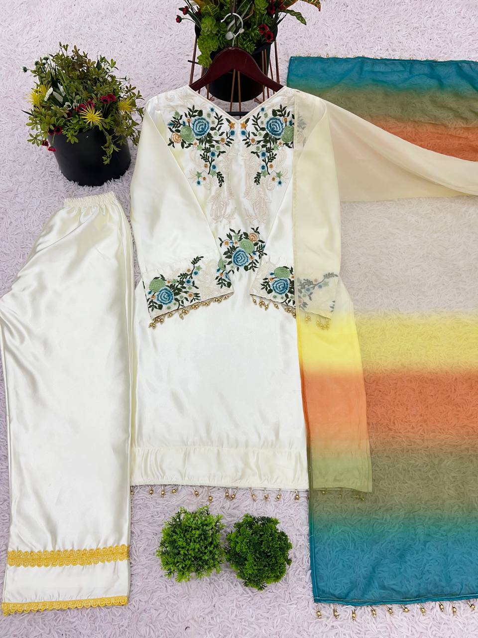 Preferable White Color Moss Satin With Heavy Embroidery Sequence Work Palazzo Suit