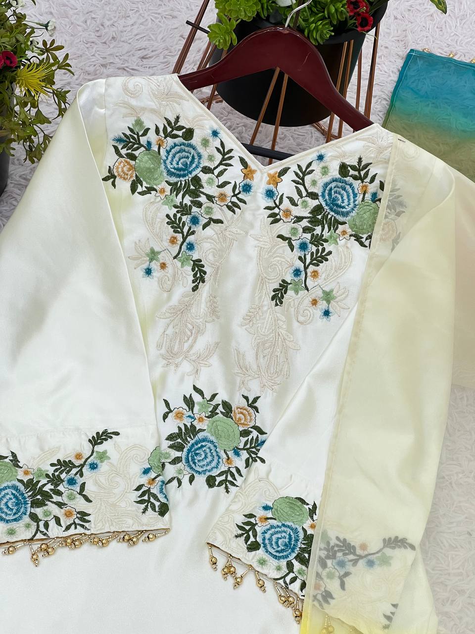 Preferable White Color Moss Satin With Heavy Embroidery Sequence Work Palazzo Suit