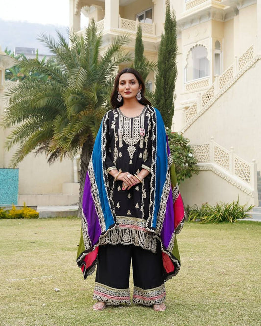Elegant Black Color Pure Heavy Chinon Silk With Embroidery Coding Sequence Work Palazzo Suit