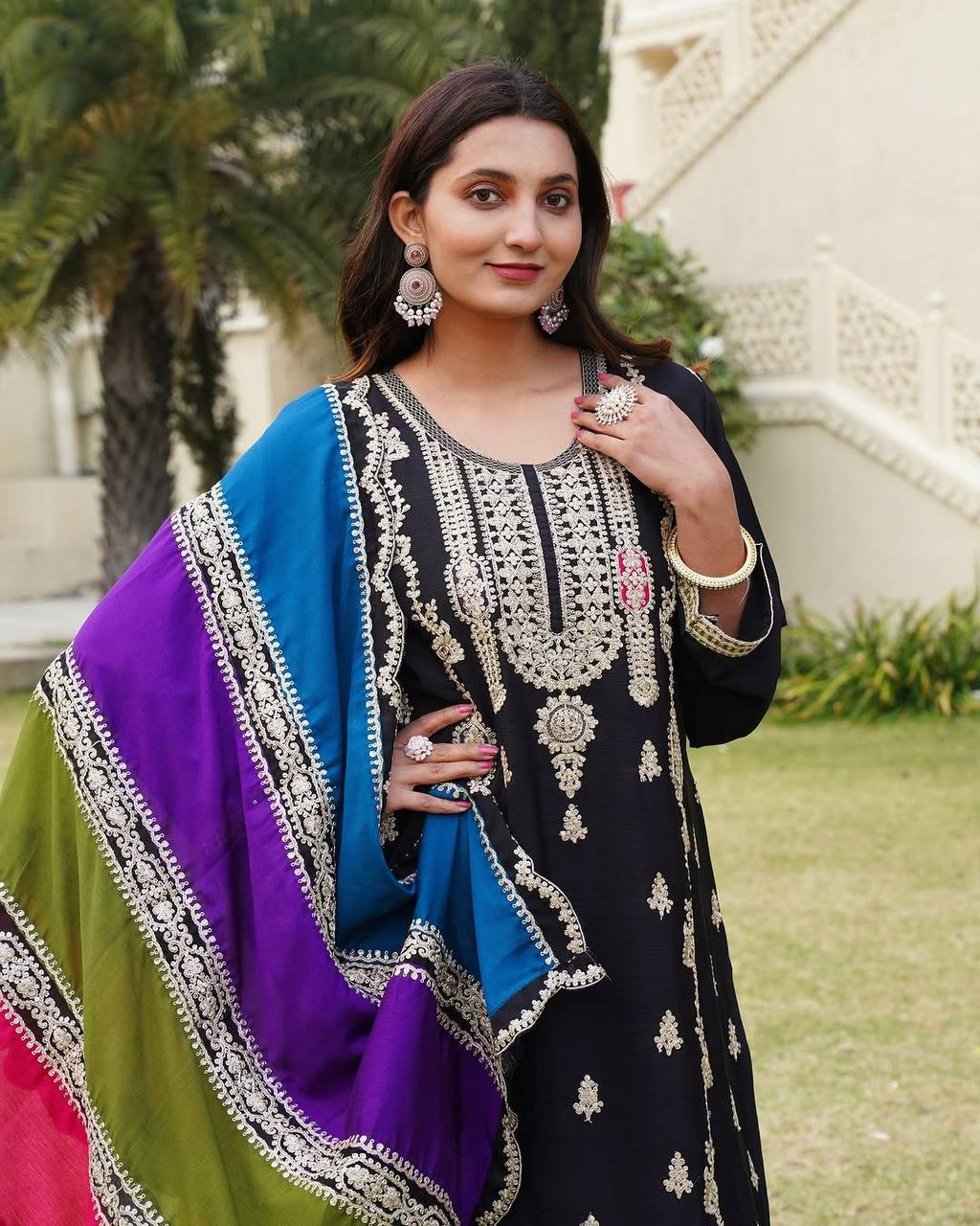 Elegant Black Color Pure Heavy Chinon Silk With Embroidery Coding Sequence Work Palazzo Suit