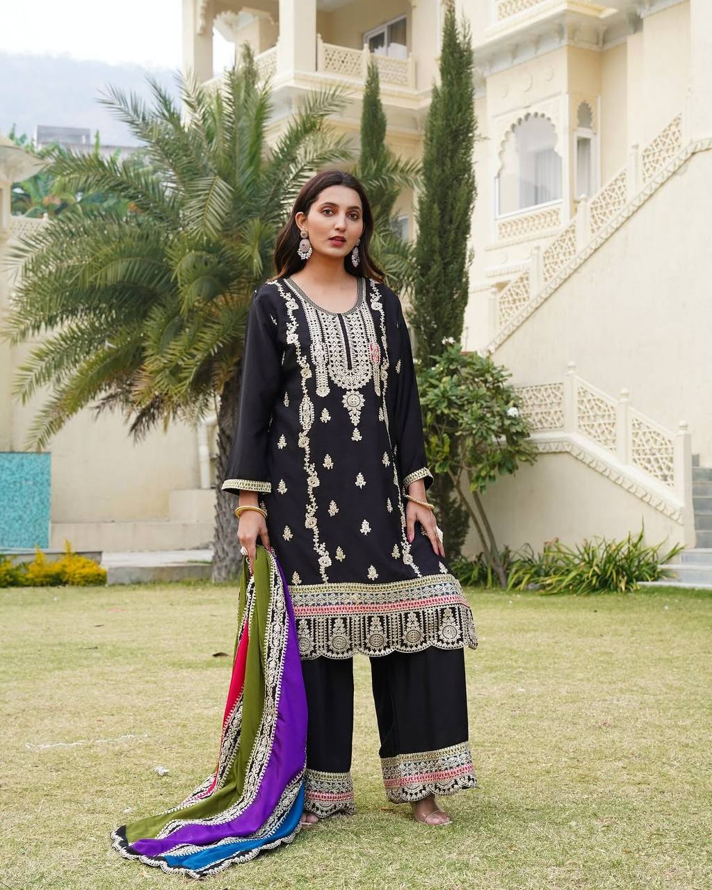 Elegant Black Color Pure Heavy Chinon Silk With Embroidery Coding Sequence Work Palazzo Suit