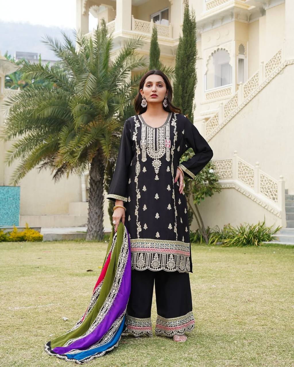 Elegant Black Color Pure Heavy Chinon Silk With Embroidery Coding Sequence Work Palazzo Suit