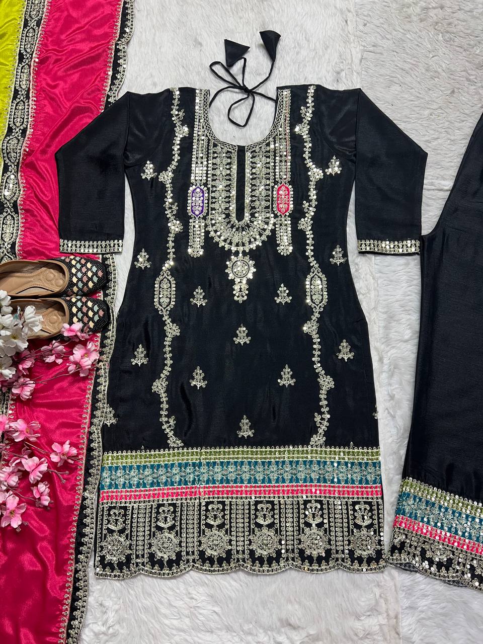 Elegant Black Color Pure Heavy Chinon Silk With Embroidery Coding Sequence Work Palazzo Suit