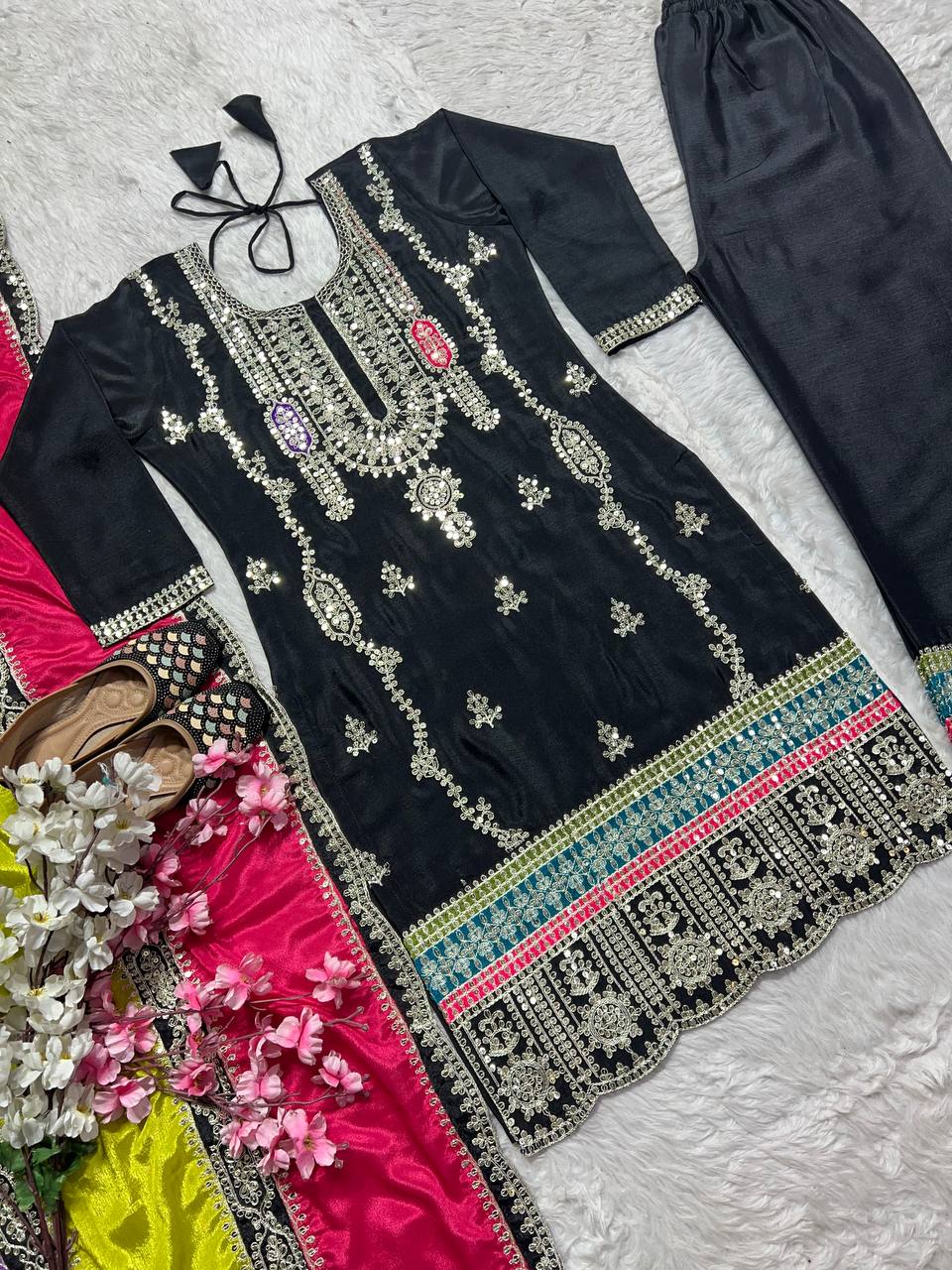 Elegant Black Color Pure Heavy Chinon Silk With Embroidery Coding Sequence Work Palazzo Suit