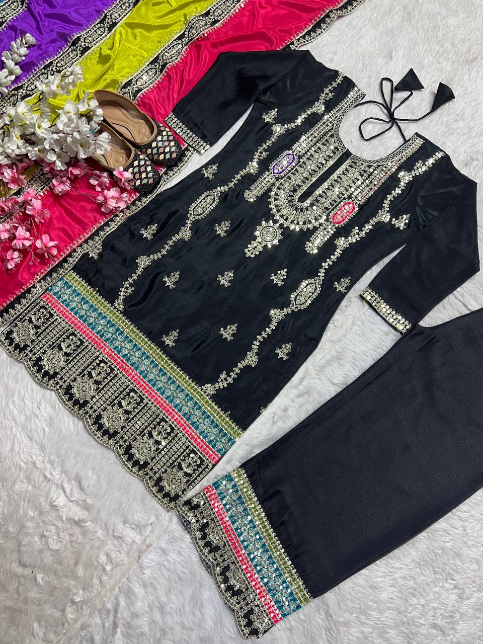 Elegant Black Color Pure Heavy Chinon Silk With Embroidery Coding Sequence Work Palazzo Suit