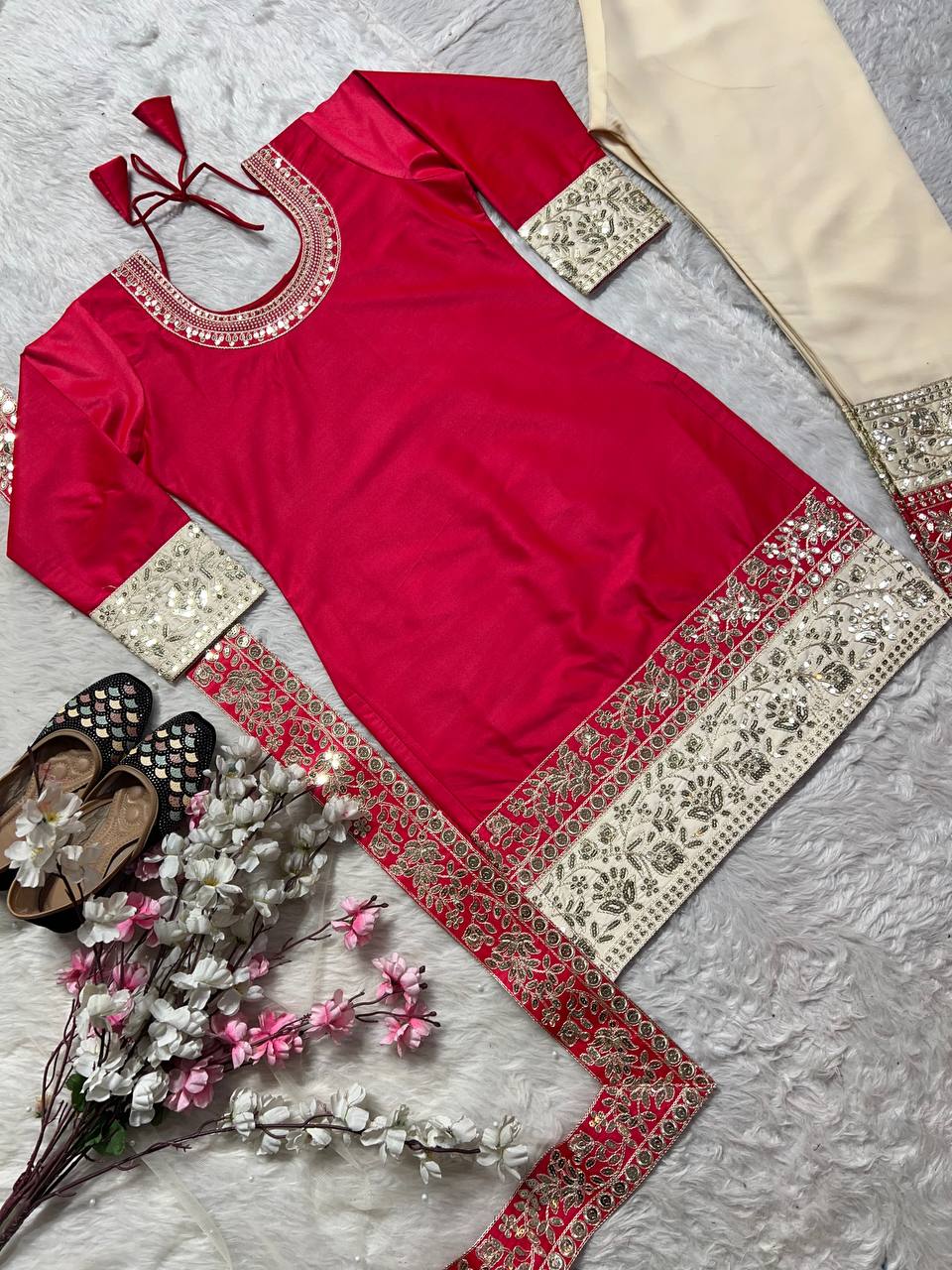 Precious Red Color Malay Satin Silk With Embroidery Coding Sequence Work Salwar Suit