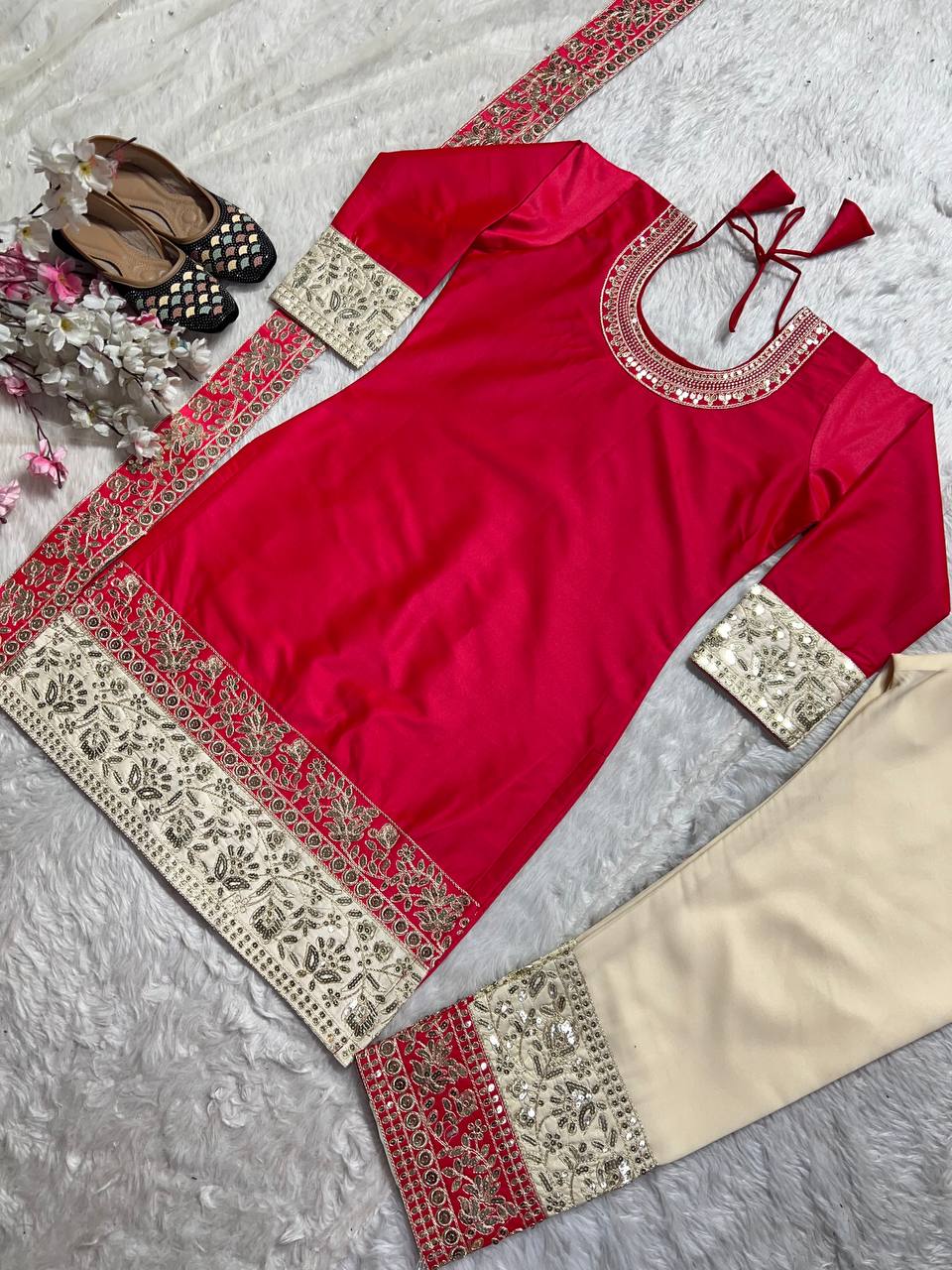 Precious Red Color Malay Satin Silk With Embroidery Coding Sequence Work Salwar Suit