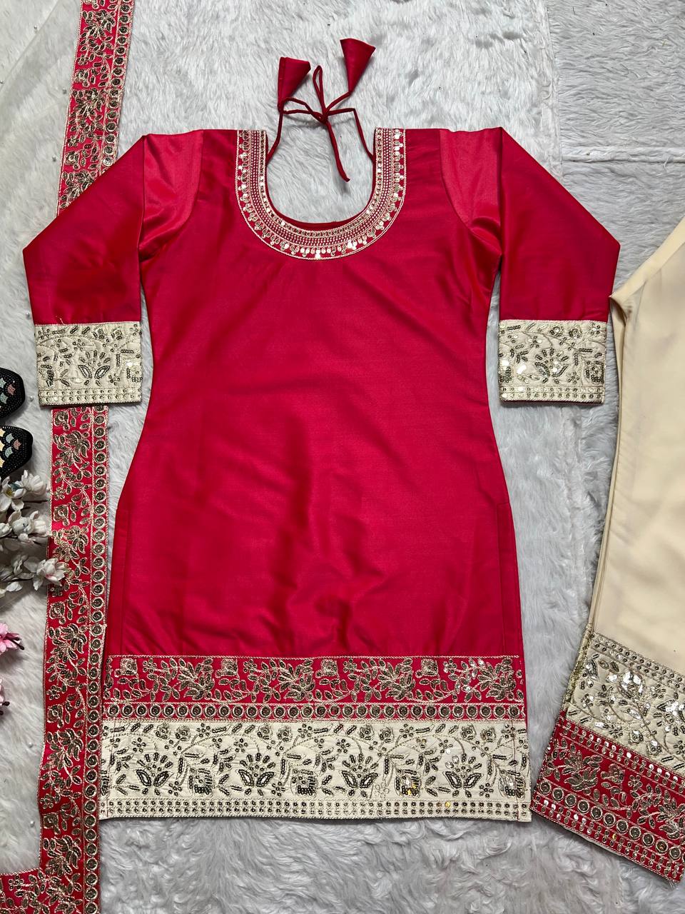 Precious Red Color Malay Satin Silk With Embroidery Coding Sequence Work Salwar Suit