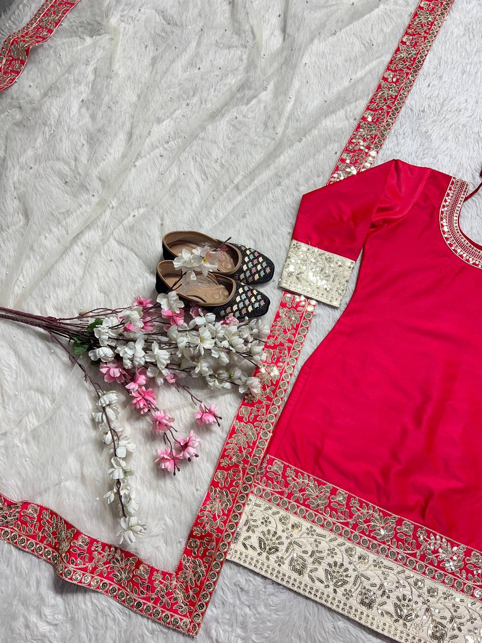 Precious Red Color Malay Satin Silk With Embroidery Coding Sequence Work Salwar Suit