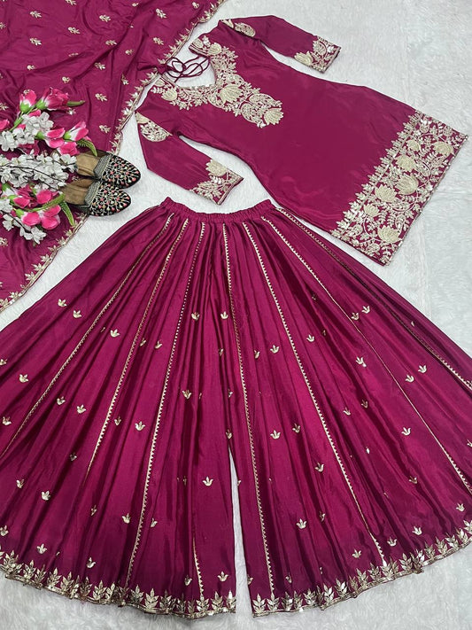 Party Wear Wine Color Chinon Silk With Heavy Embroidery Sequence Work Palazzo Suit