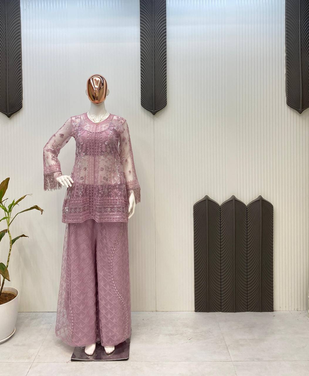 Ceremony Wear Dusty Pink Butterfly Net With Sequence Embroidery Work Palazzo Suit