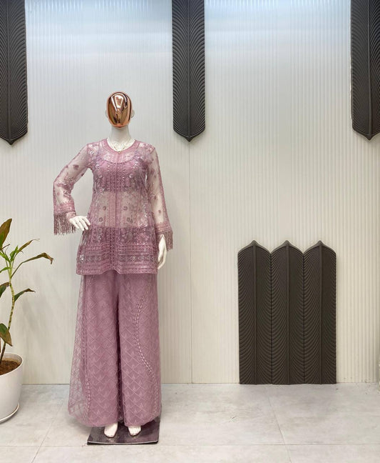 Ceremony Wear Dusty Pink Butterfly Net With Sequence Embroidery Work Palazzo Suit